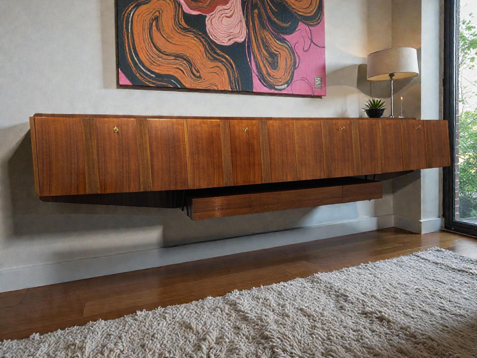 Italian Mid Century Long , Suspended Sideboard In Walnut, 1950s photo for sale