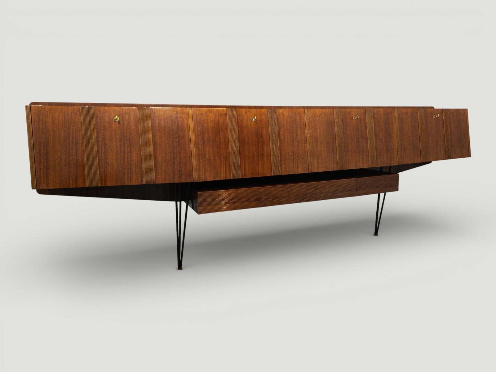 photo for sale Italian Mid Century Long , Suspended Sideboard In Walnut, 1950s