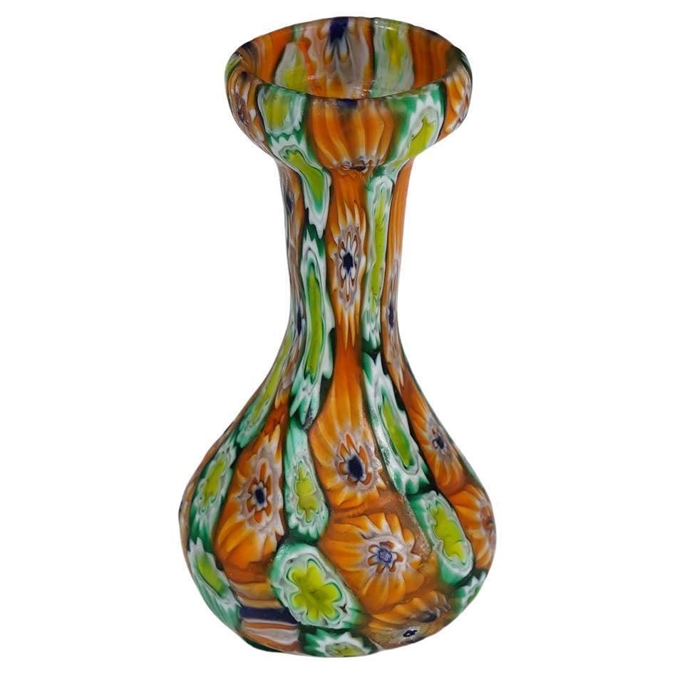 Antique Millefiori Vase Green And Orange, Fratelli Toso Murano Ca. 1920s
