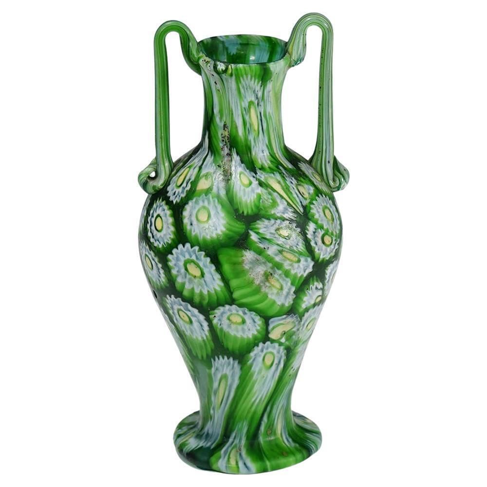 Antique Millefiori Vase Green With Handles, Fratelli Toso Murano Ca. 1920s