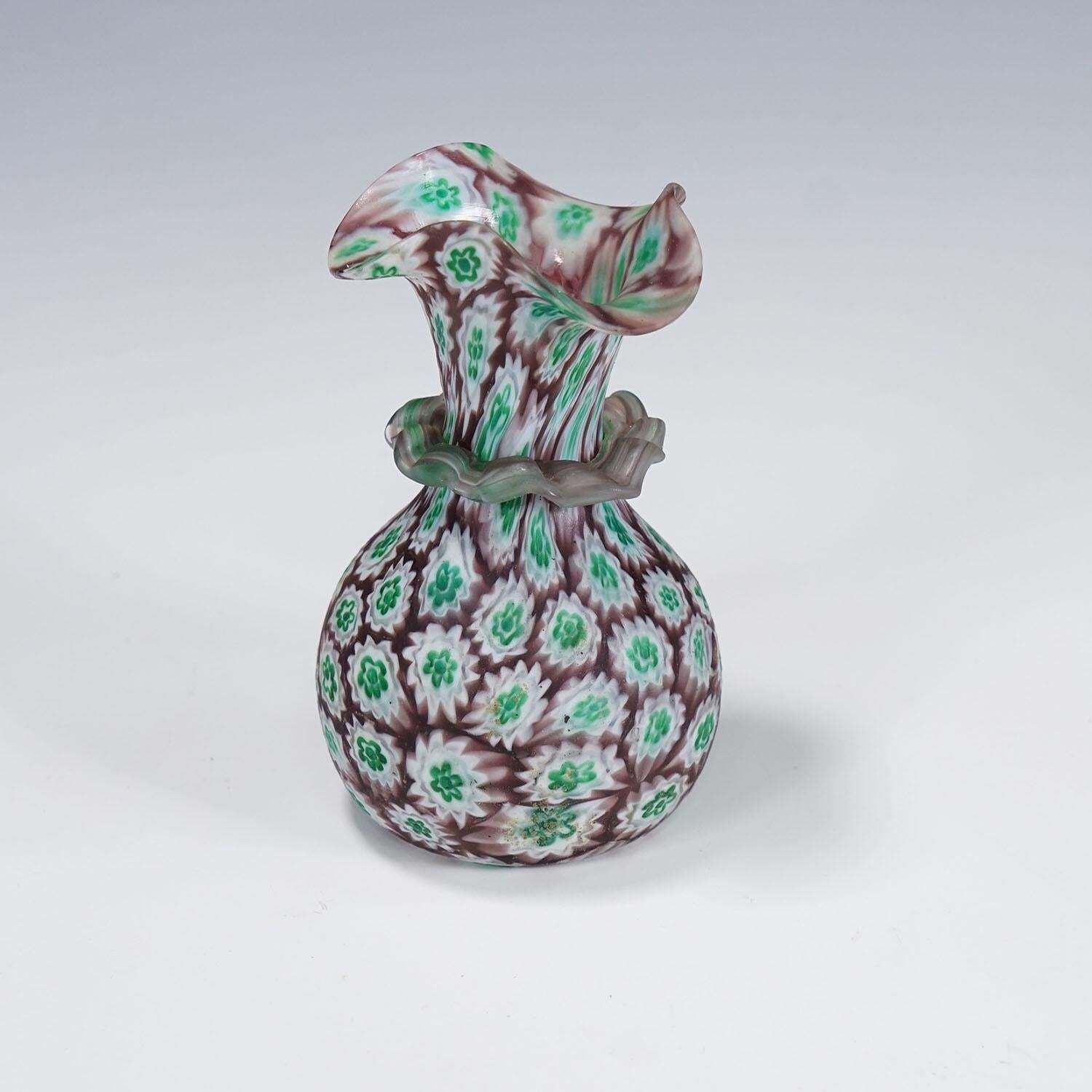 Antique Millefiori Vase Green And Brown With Rim, Fratelli Toso Murano Ca. 1920s photo furniture