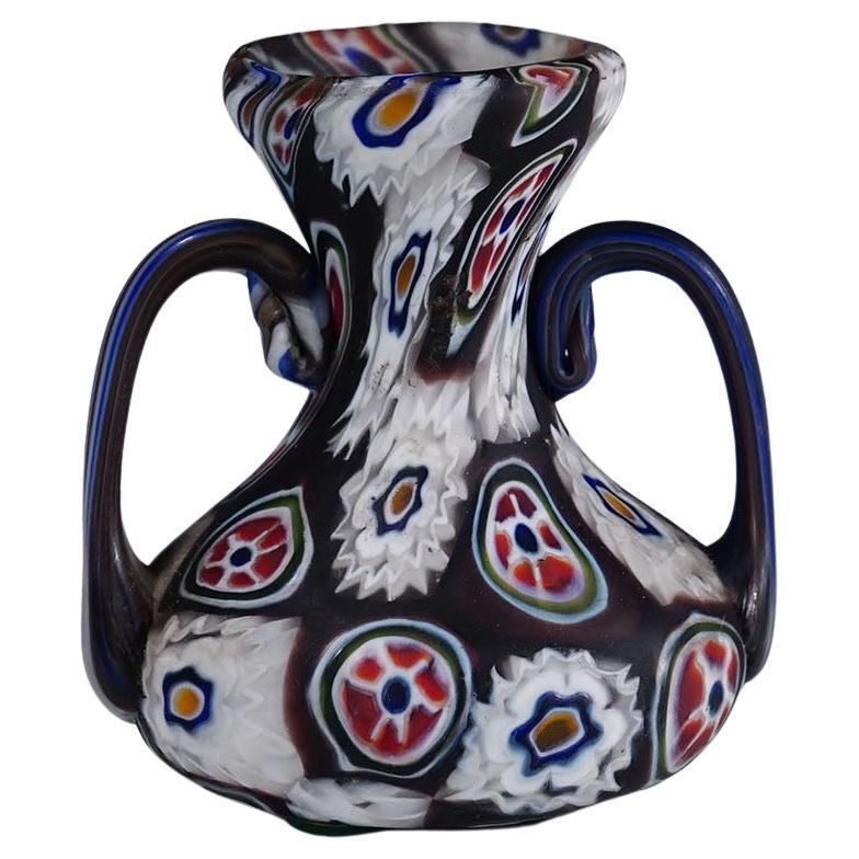 Antique Millefiori Vase In Violet And White With Handles Fratelli Toso Murano