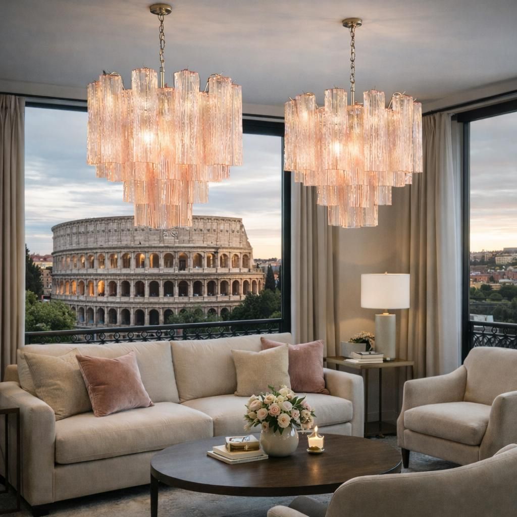 Italian 36 Pink Glass Chandelie. Murano, 1970s photo vintage