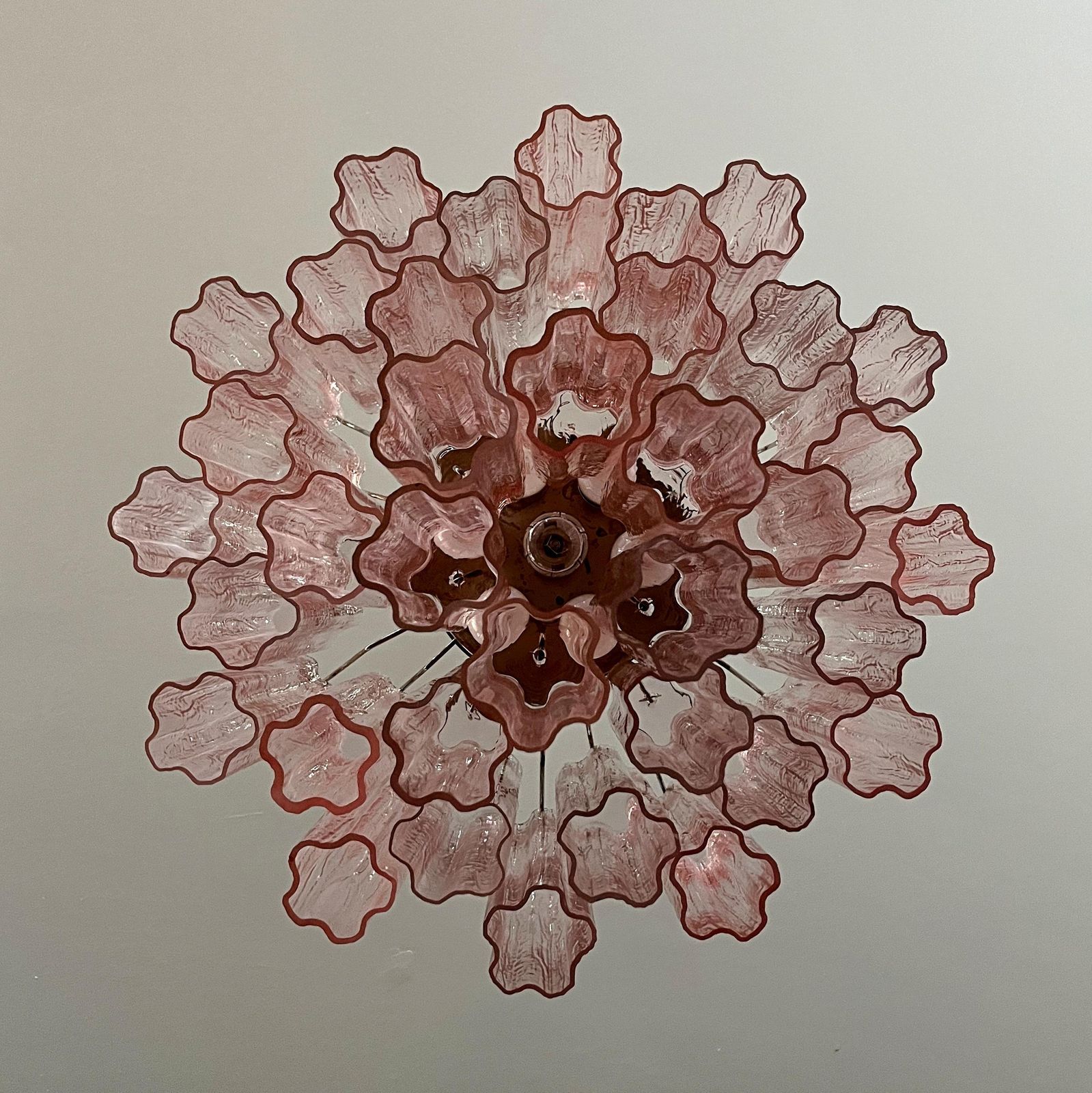 photo for sale Pair Of Italian 36 Pink Glass Chandeliers, Murano, 1970s
