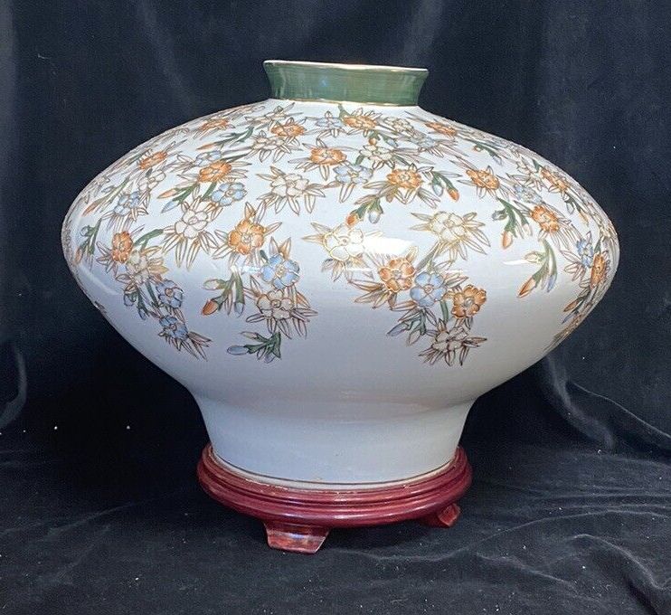 X Large Satsuma Vase On Stand Green Orange White & Gold Trim photo furniture