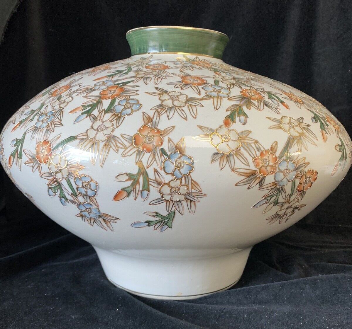 X Large Satsuma Vase On Stand Green Orange White & Gold Trim photo vinterior