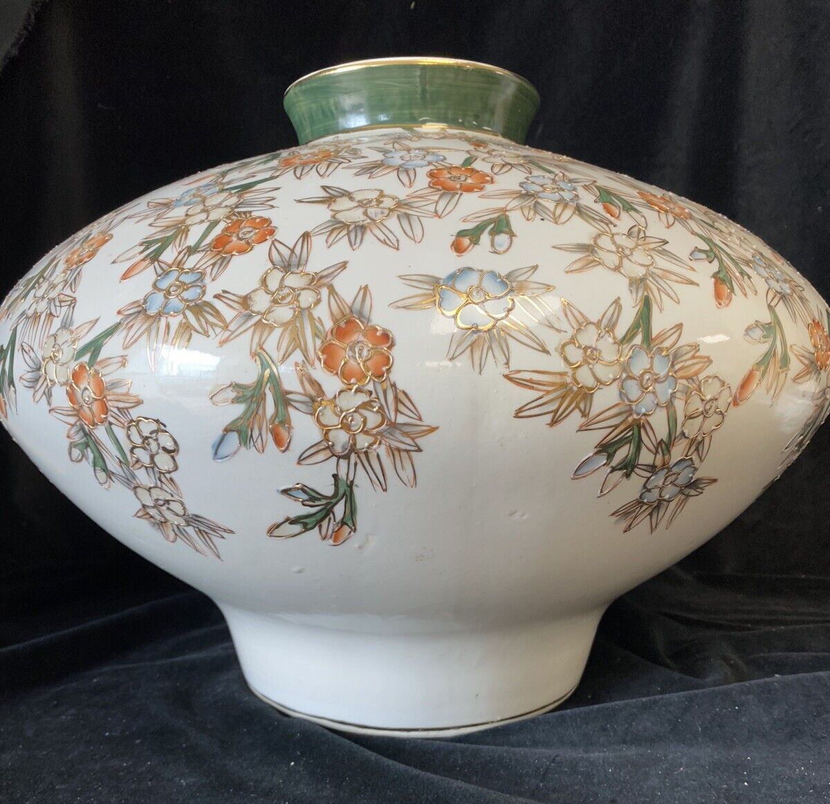 X Large Satsuma Vase On Stand Green Orange White & Gold Trim photo buy