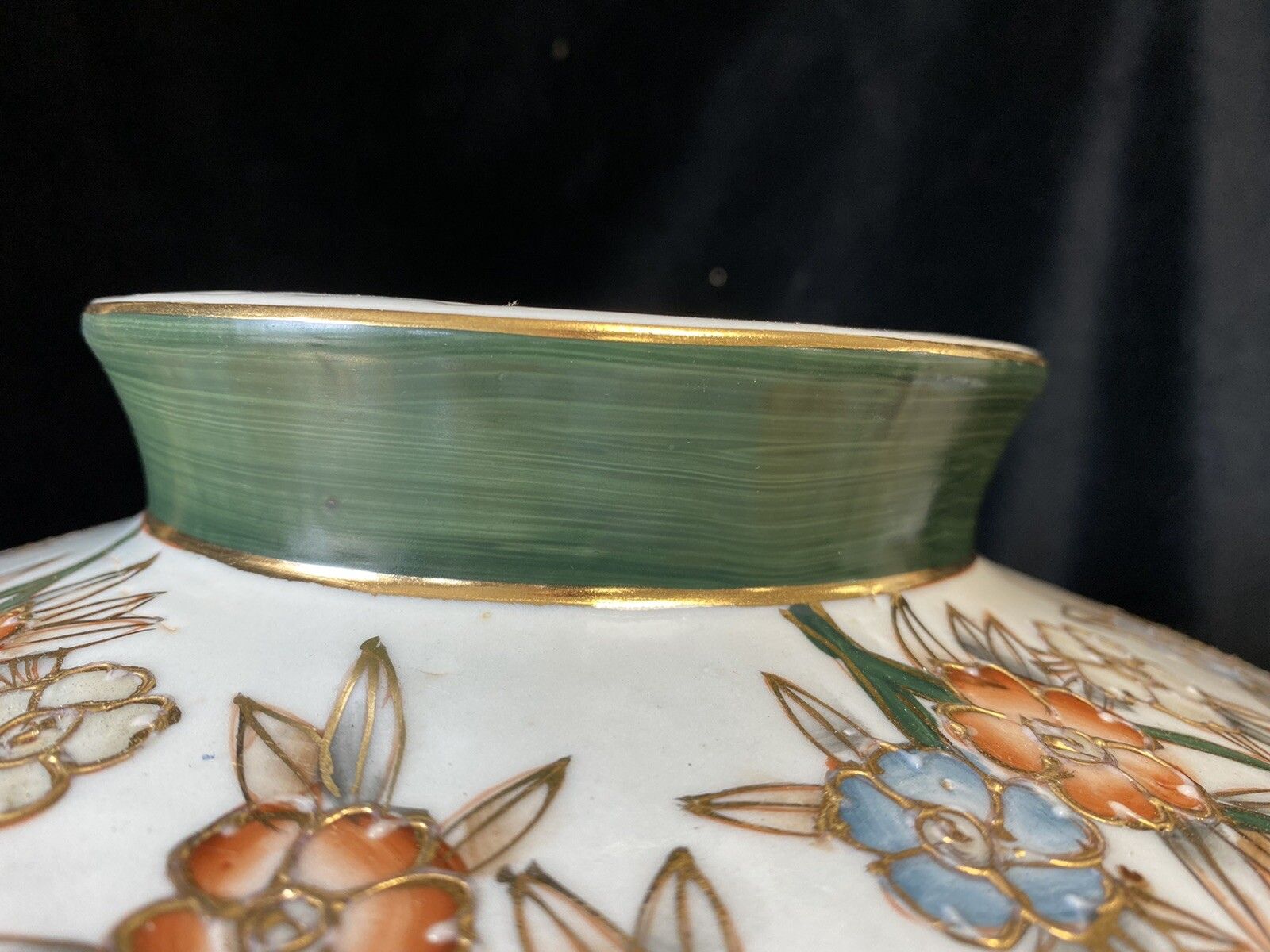 X Large Satsuma Vase On Stand Green Orange White & Gold Trim photo vintage