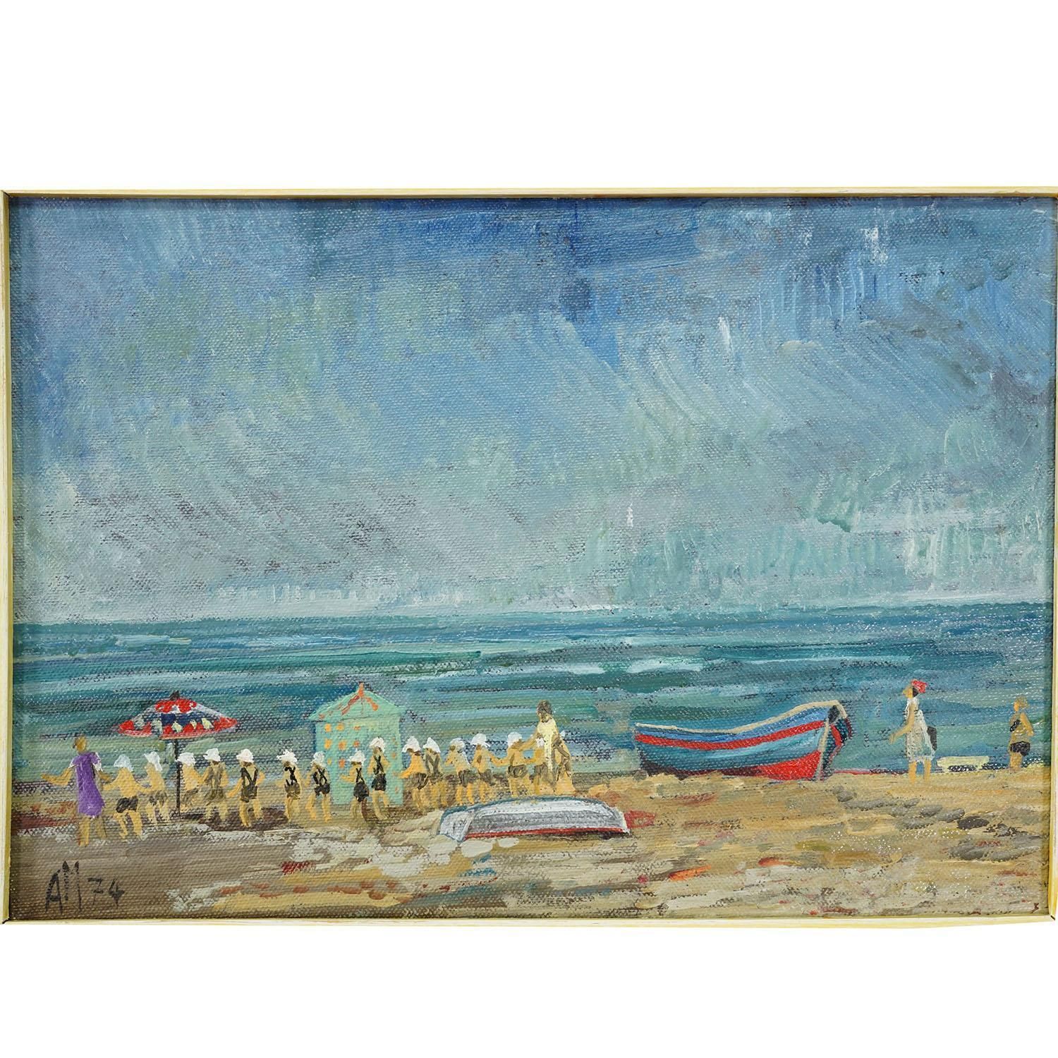 Swimming School By The Sea, 1974 – Alexander Michael Oil Painting photo for sale