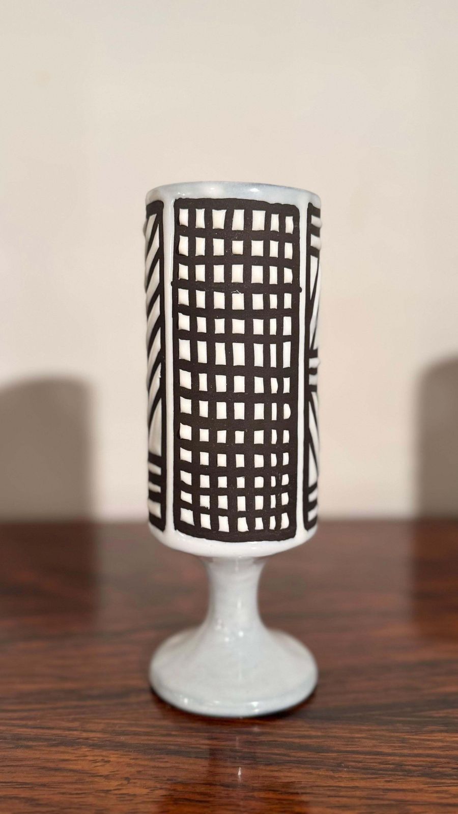 Ceramic Small Vase Black And White Graphic Geometric Design By Capron, Vallauris photo vinterior
