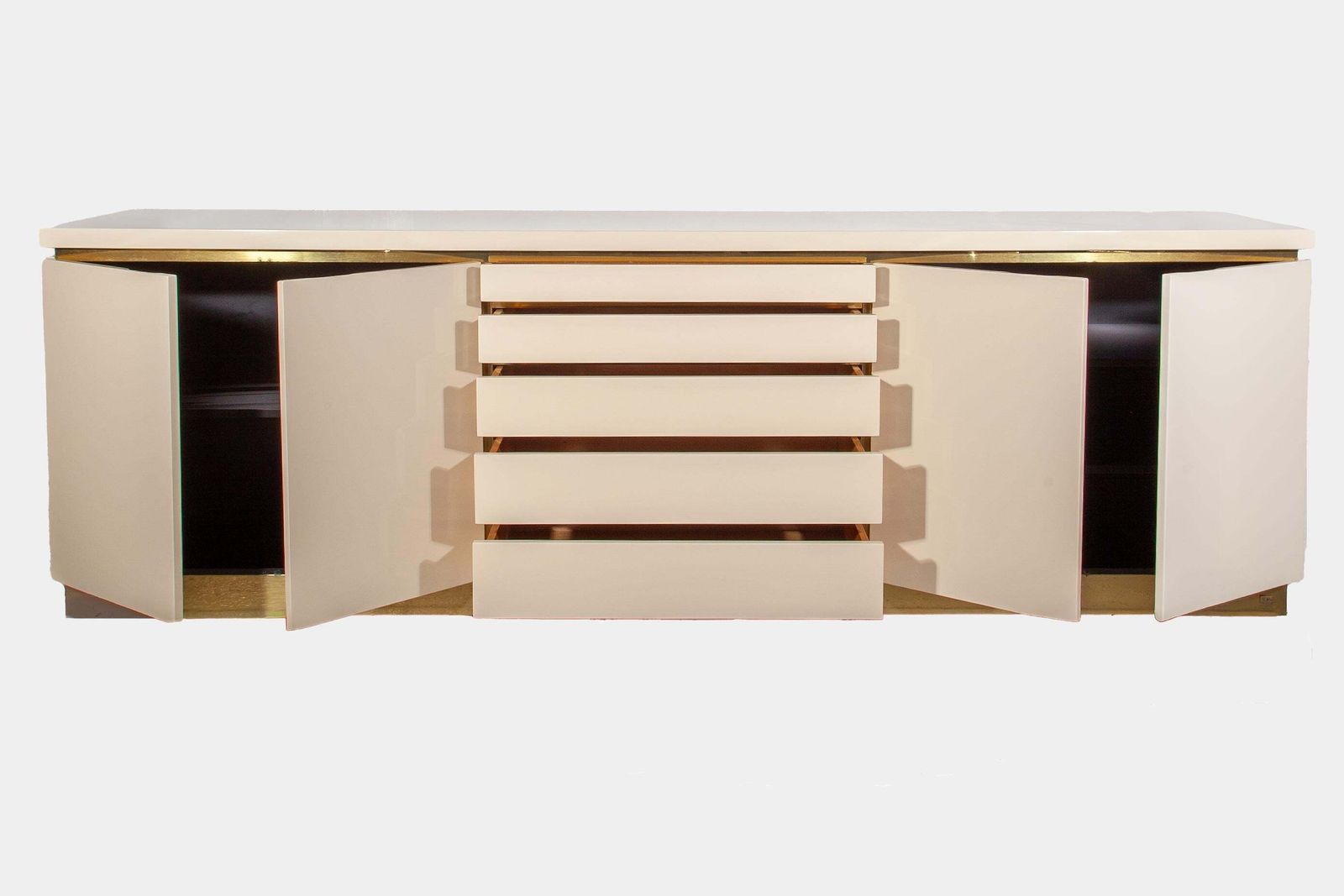 White Lacquer And Brass Sideboard By Jean Claude Mahey, 1980s photo for sale