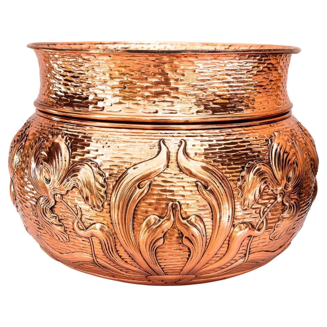 Very Big Floral Hammered Jugendstil Copper Palm Pot Vienna Around 1908