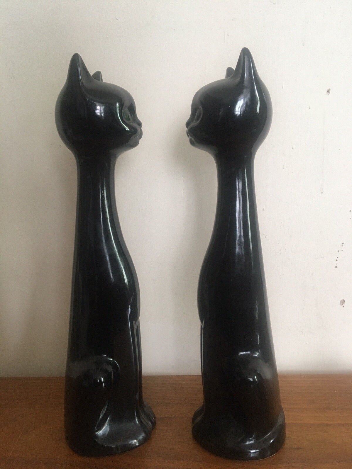 Large Pair Iconic Vintage Atomic Cats Ceramic Mid Century Pottery Long Neck 60s photo vintage