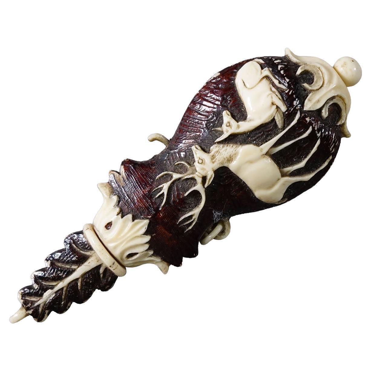 Antique Horn Snuff Box With Deer Relief Early 19th Century