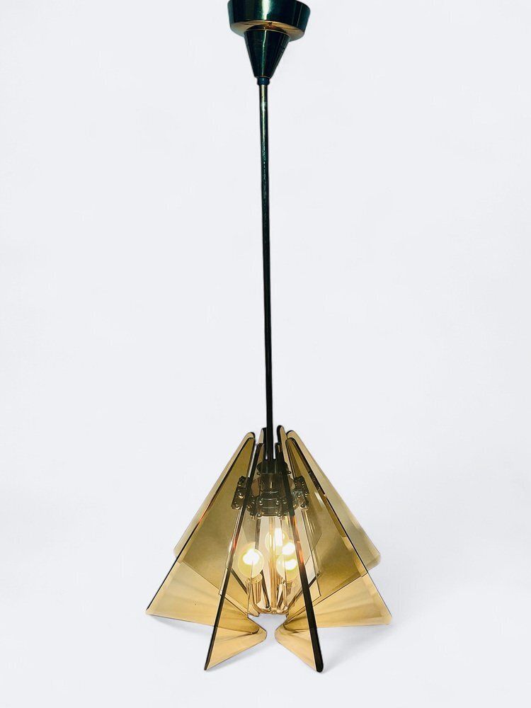 Tinted Glass And Brass Hanging Lamp By Gino Paroldo For Fontana Arte, 1950s photo Lighting