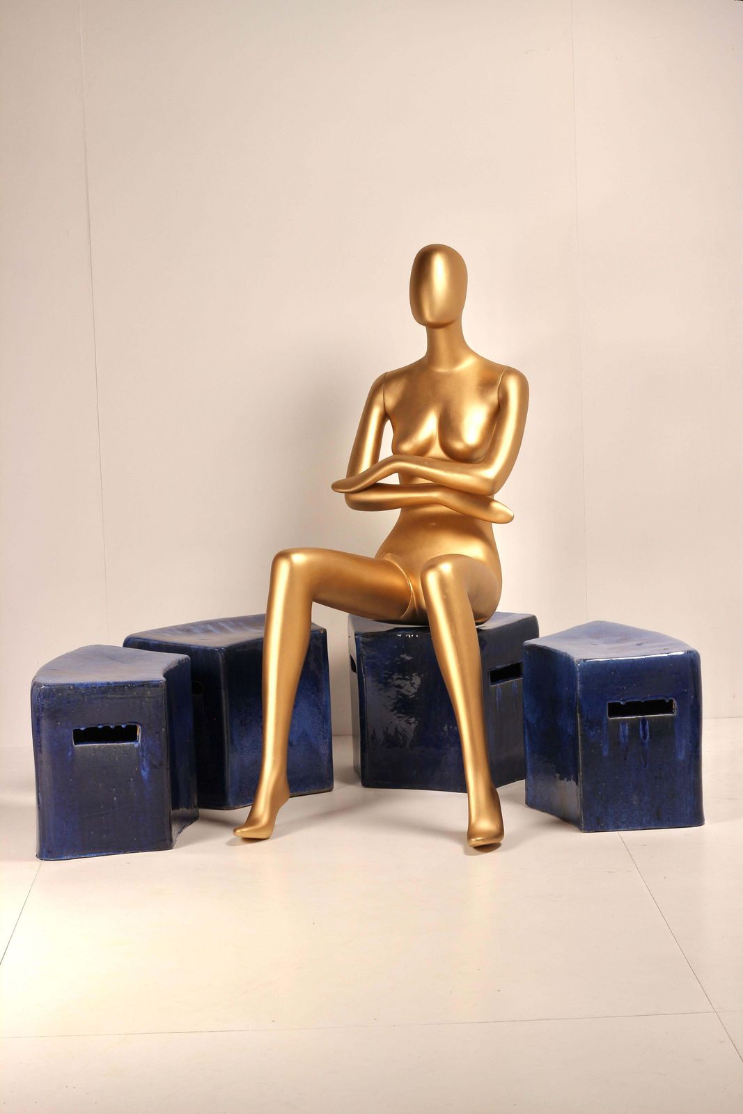 Set Of 4 Modular Blue Glazed Ceramic Garden Stools By Habitat/Conran Uk 1996 photo furniture