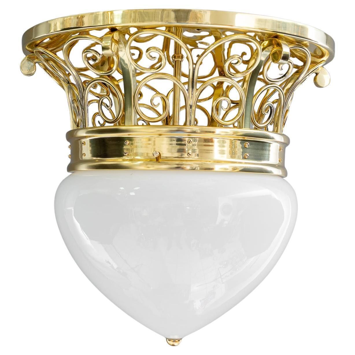 Big Art Deco Ceiling Lamp With Original Opal Glass Shade Vienna Around 1920s