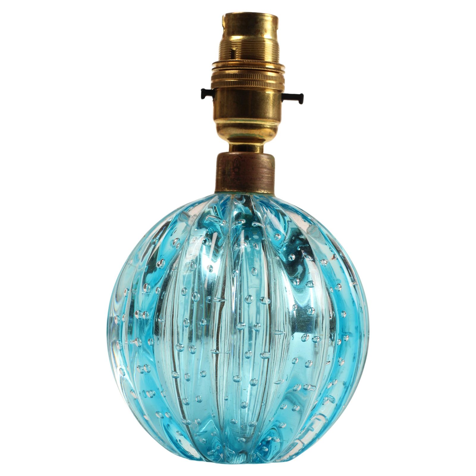 Turquoise Blue Bullicante Ribbed Globe Lamp By Archimede Seguso, Murano, Venezia