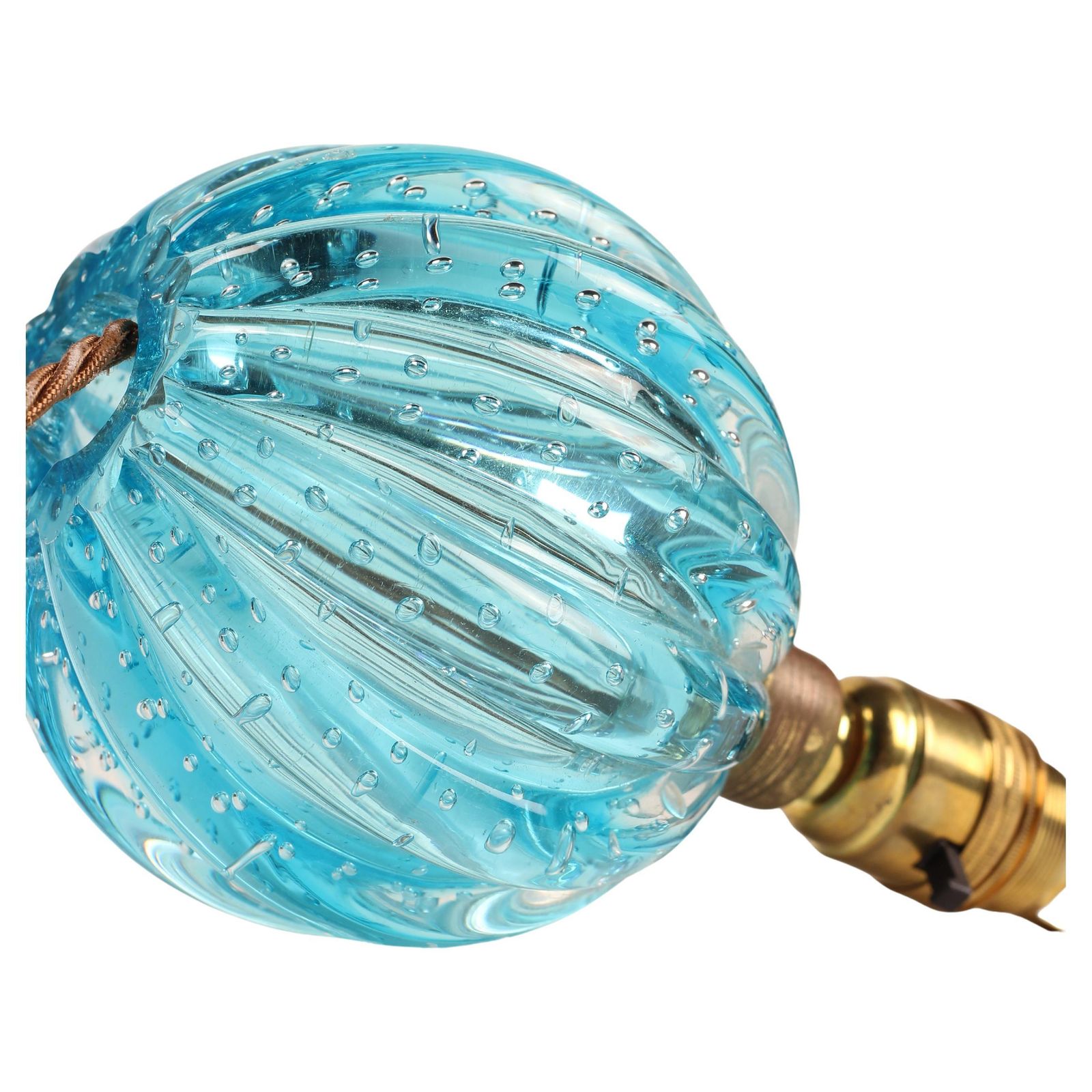 Lighting Turquoise Blue Bullicante Ribbed Globe Lamp By Archimede Seguso, Murano, Venezia photo