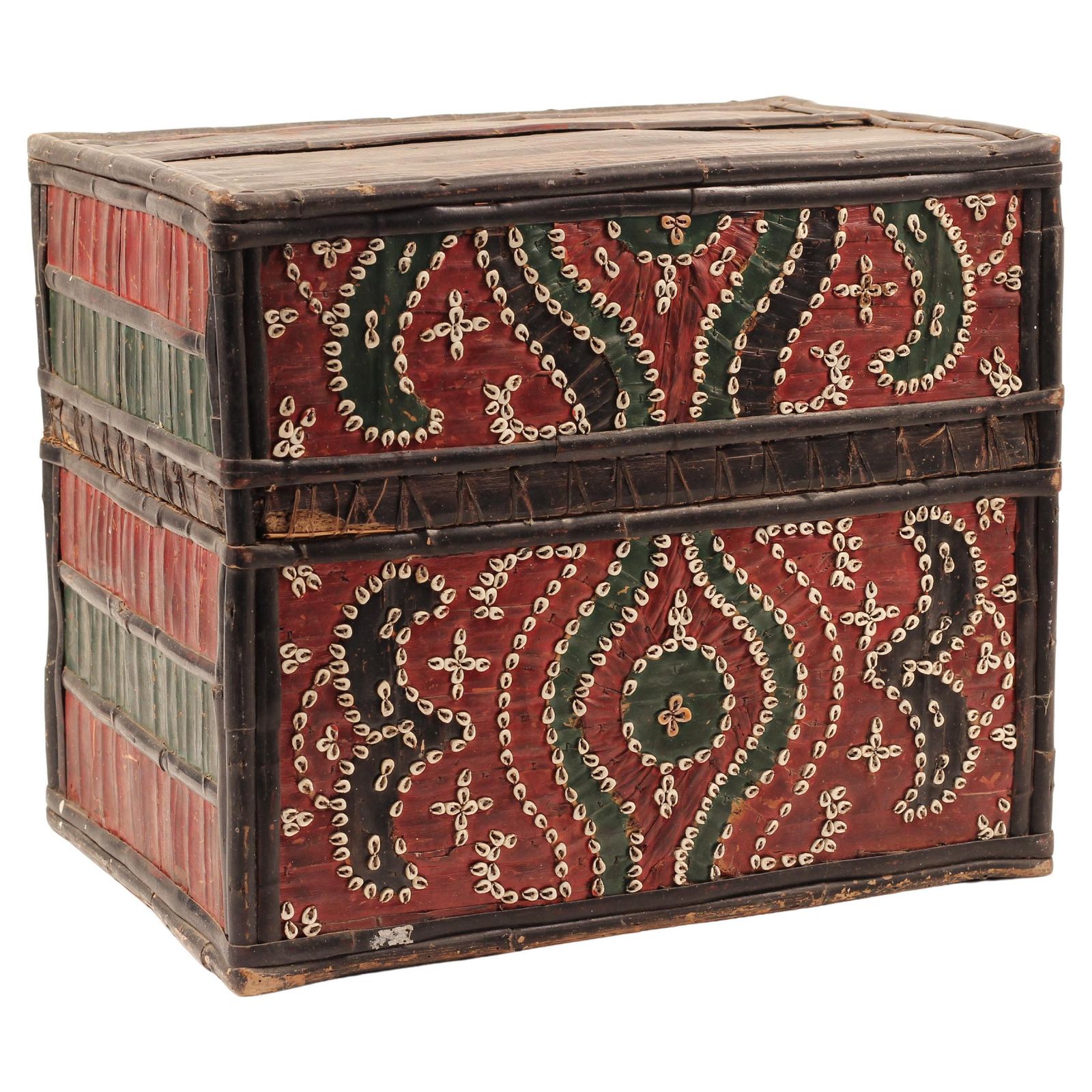 Folk Art Dowry Box, Lombok Indonesia, Cowrie, Painted Palm & Bamboo 1950’s Sasak photo vintage