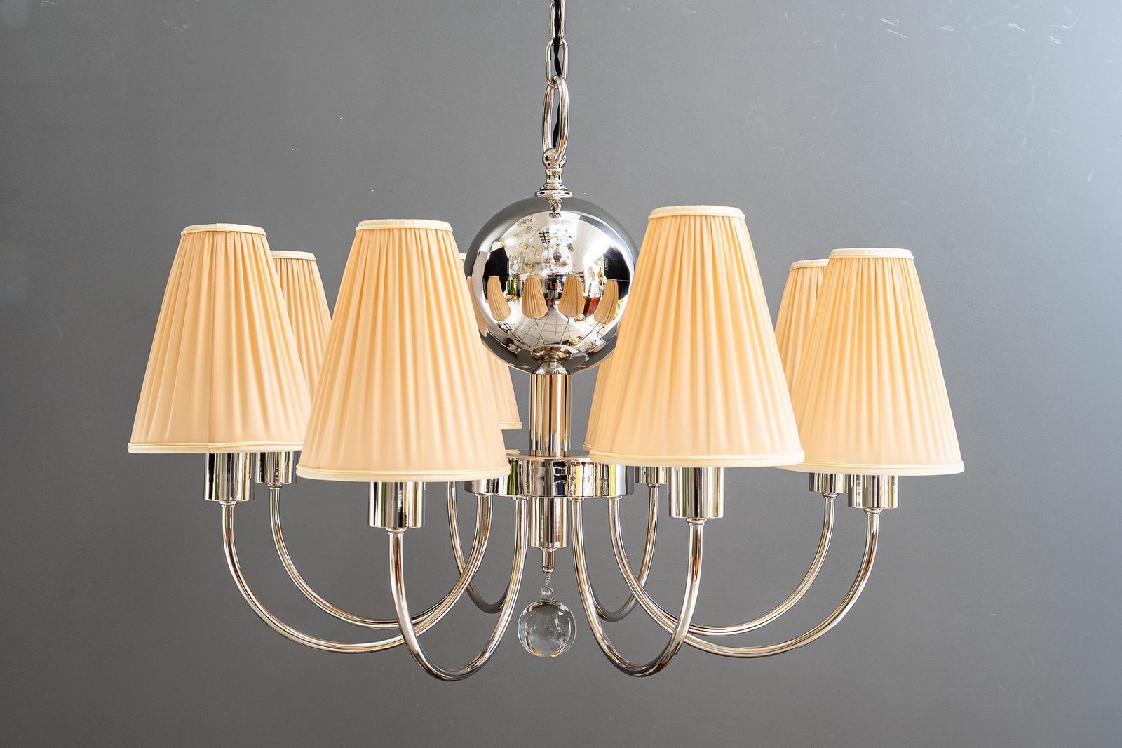 Art Deco Nickel Plated Chandelier With Fabric Shades Vienna Around 1920s photo for sale
