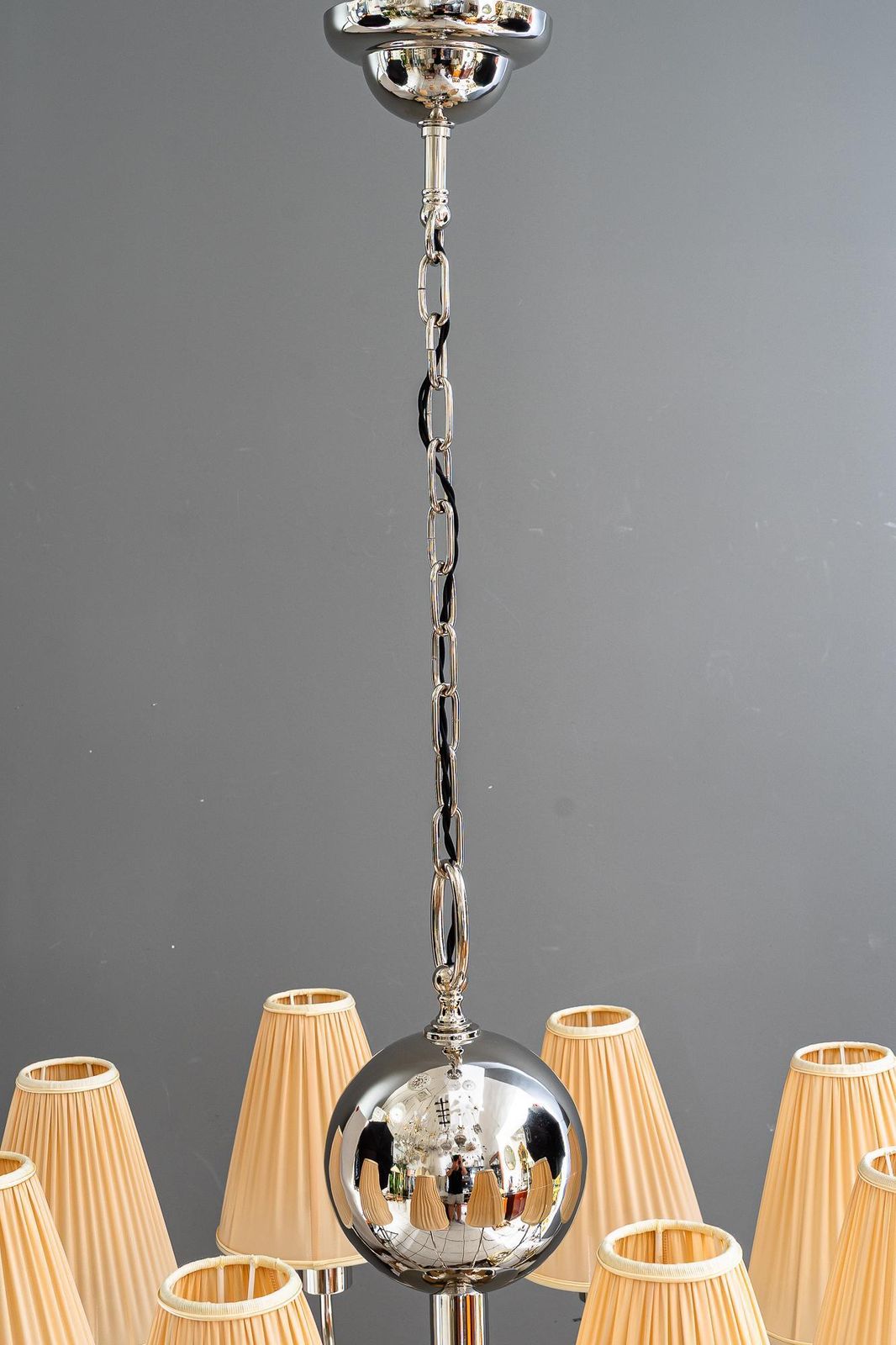Art Deco Nickel Plated Chandelier With Fabric Shades Vienna Around 1920s photo Lighting