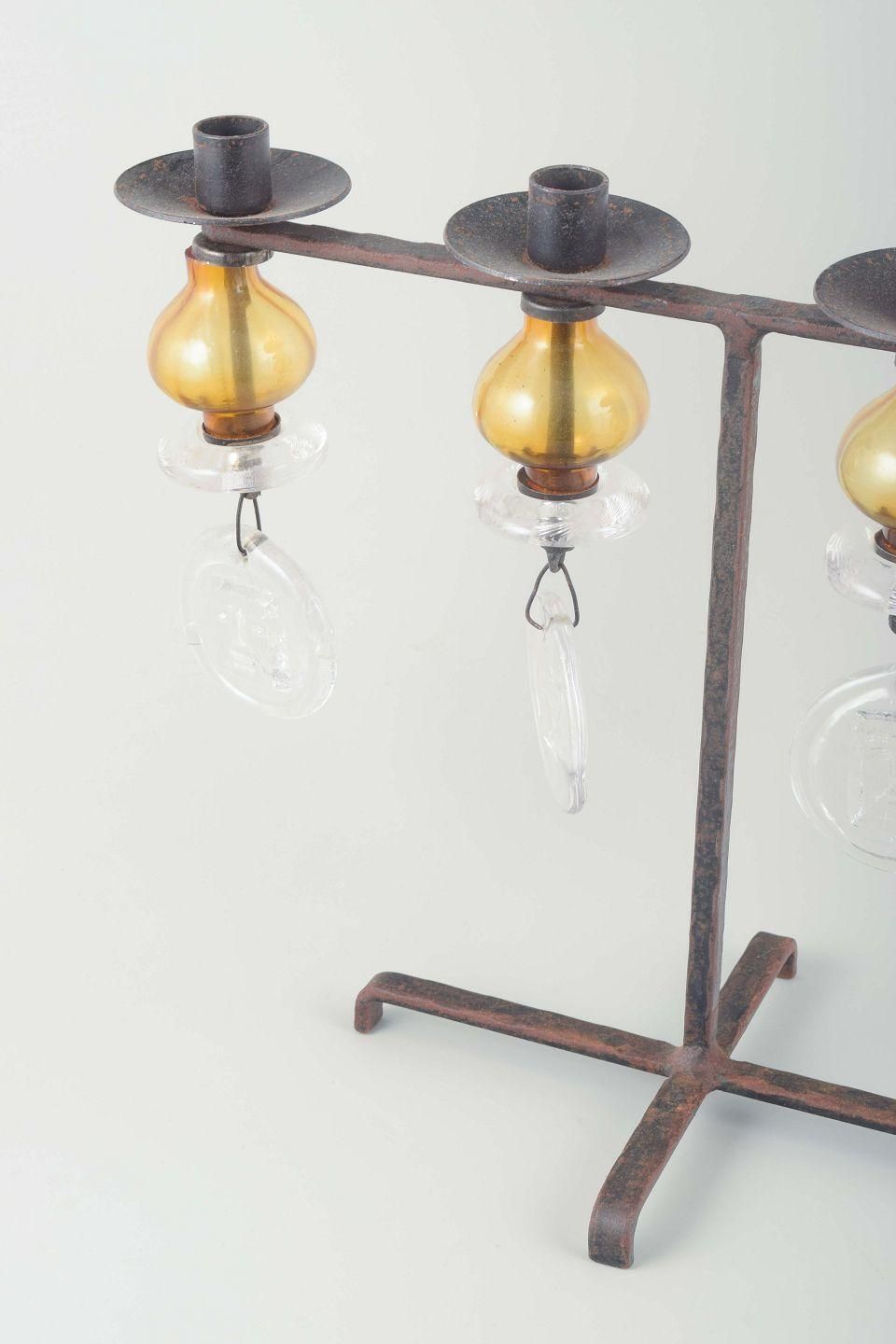 Erik Höglund For Kosta Boda. Four Armed Iron Candelabra With Glass Prisms photo for sale
