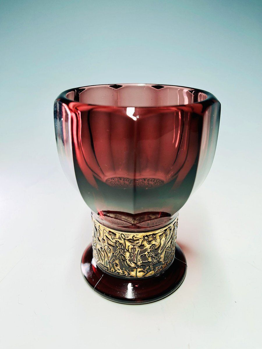 German Walther Amethyst Glass Vase With Embossed Gold Band, 1930s photo furniture