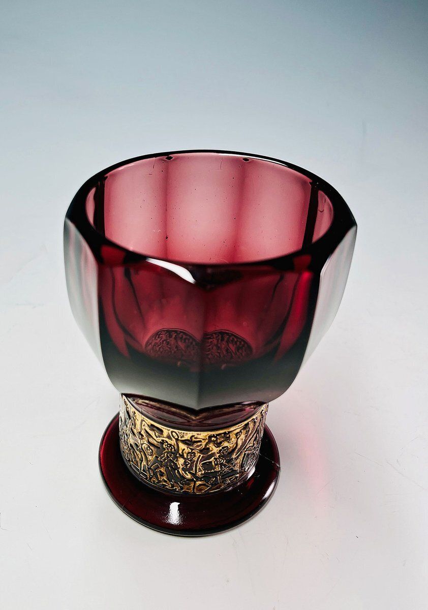 German Walther Amethyst Glass Vase With Embossed Gold Band, 1930s photo for sale