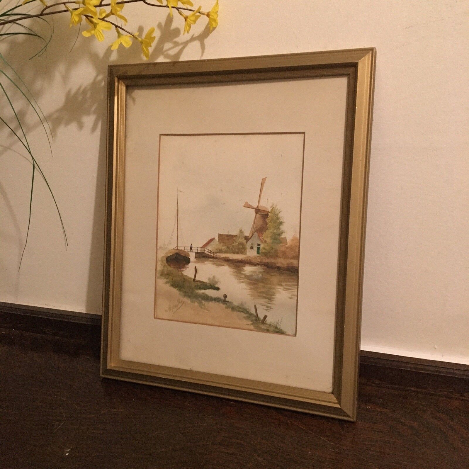 N Wijsmuller Watercolour Painting Taditional Dutch Antique Windmill Vintage photo vinterior