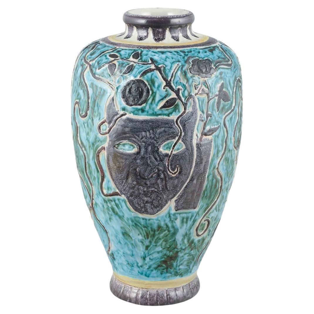 åke Holm For Höganäs. Large Stoneware Vase With Turquoise And Black Glaze.