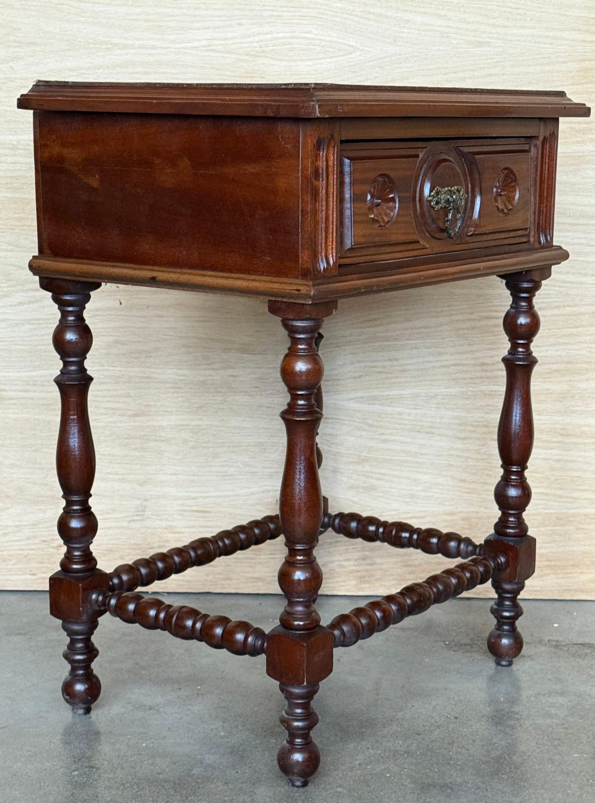 Pair Of Light Walnut Carved Spanish Nightstands With Turned Legs And Drawer photo 2332.0