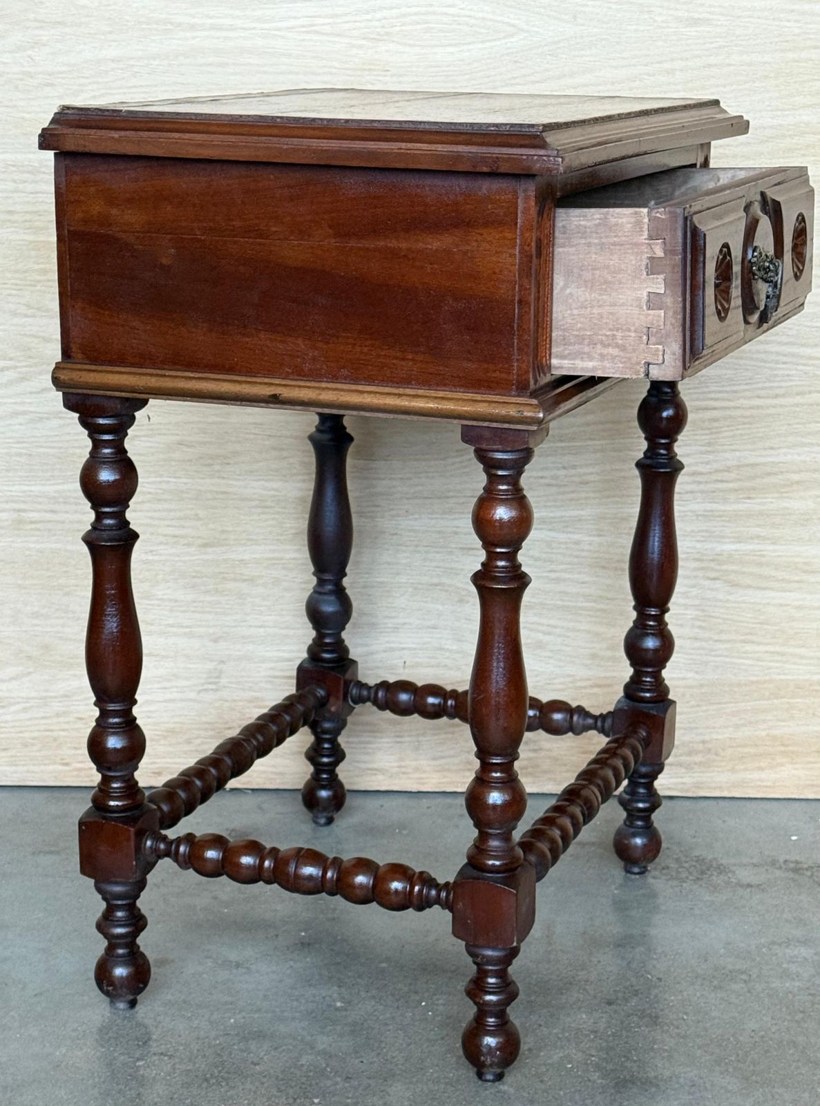 Pair Of Light Walnut Carved Spanish Nightstands With Turned Legs And Drawer photo vinterior