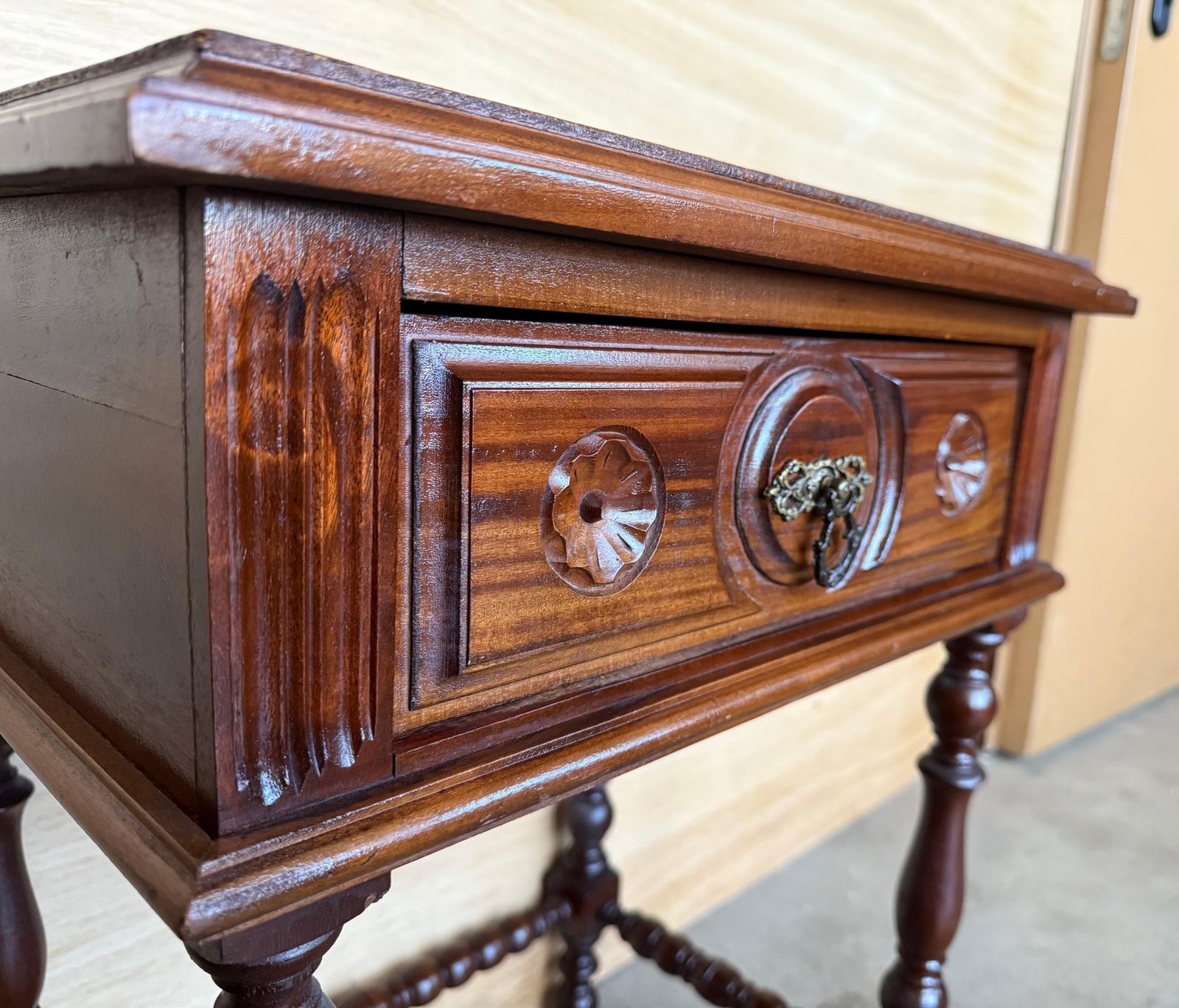 Pair Of Light Walnut Carved Spanish Nightstands With Turned Legs And Drawer photo vintage
