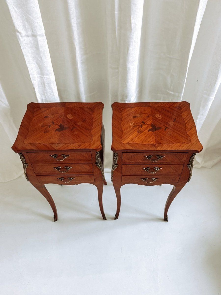 Louis XV French Bedside Tables With Floral Marquetry, 1940s, Set Of 2 photo for sale
