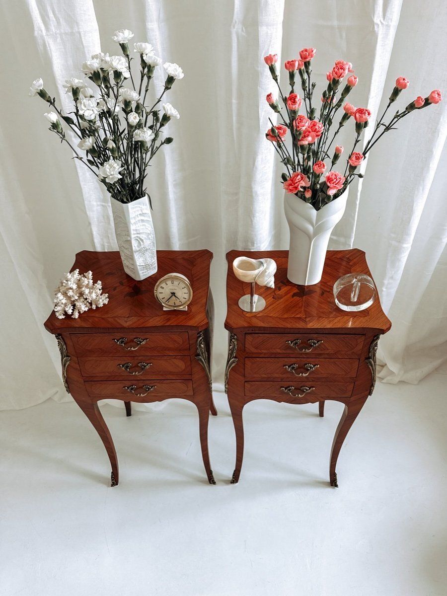 Louis XV French Bedside Tables With Floral Marquetry, 1940s, Set Of 2 photo vintage