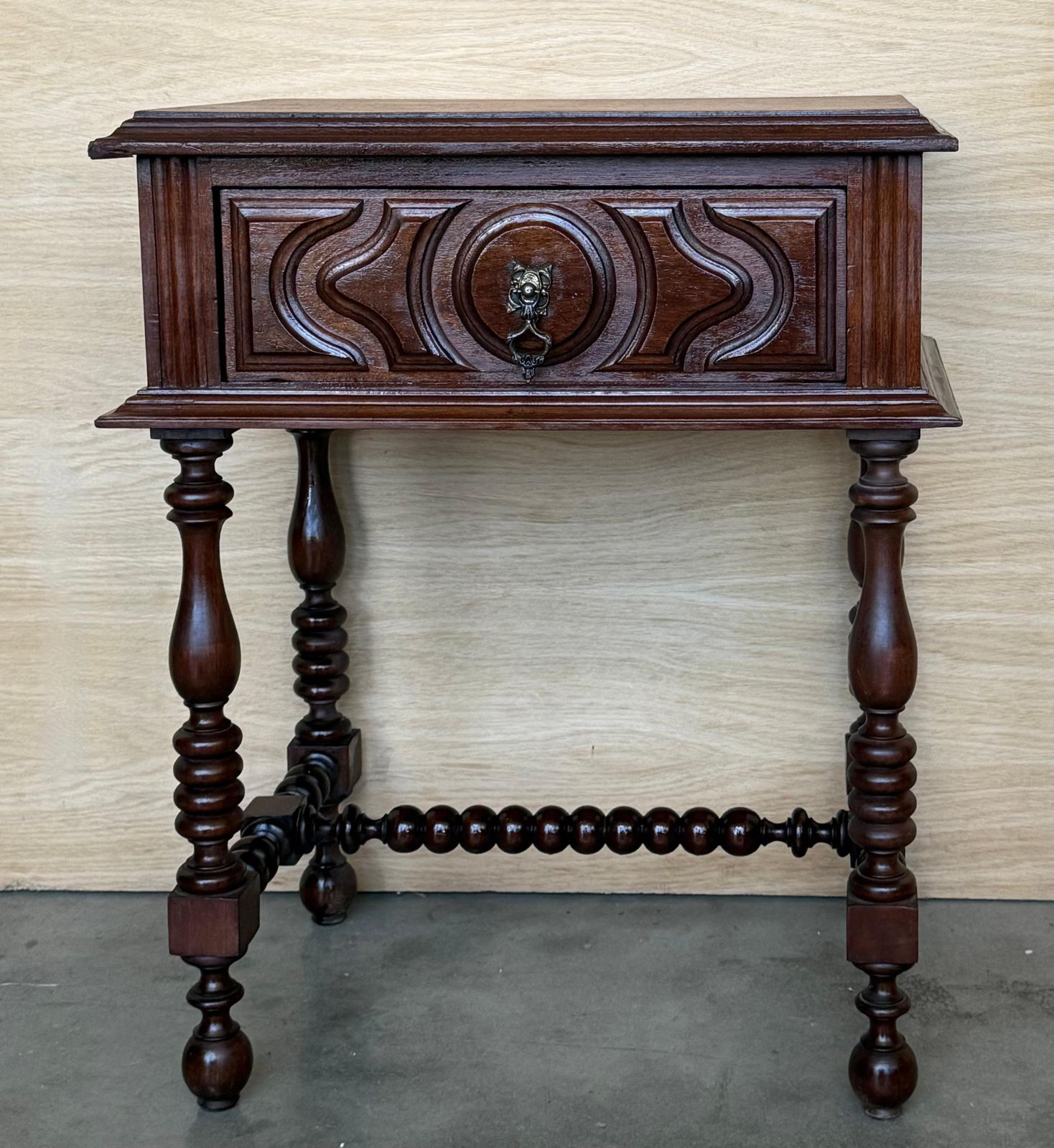 Pair Of Light Walnut Carved Spanish Nightstands With Turned Legs And Drawer photo for sale