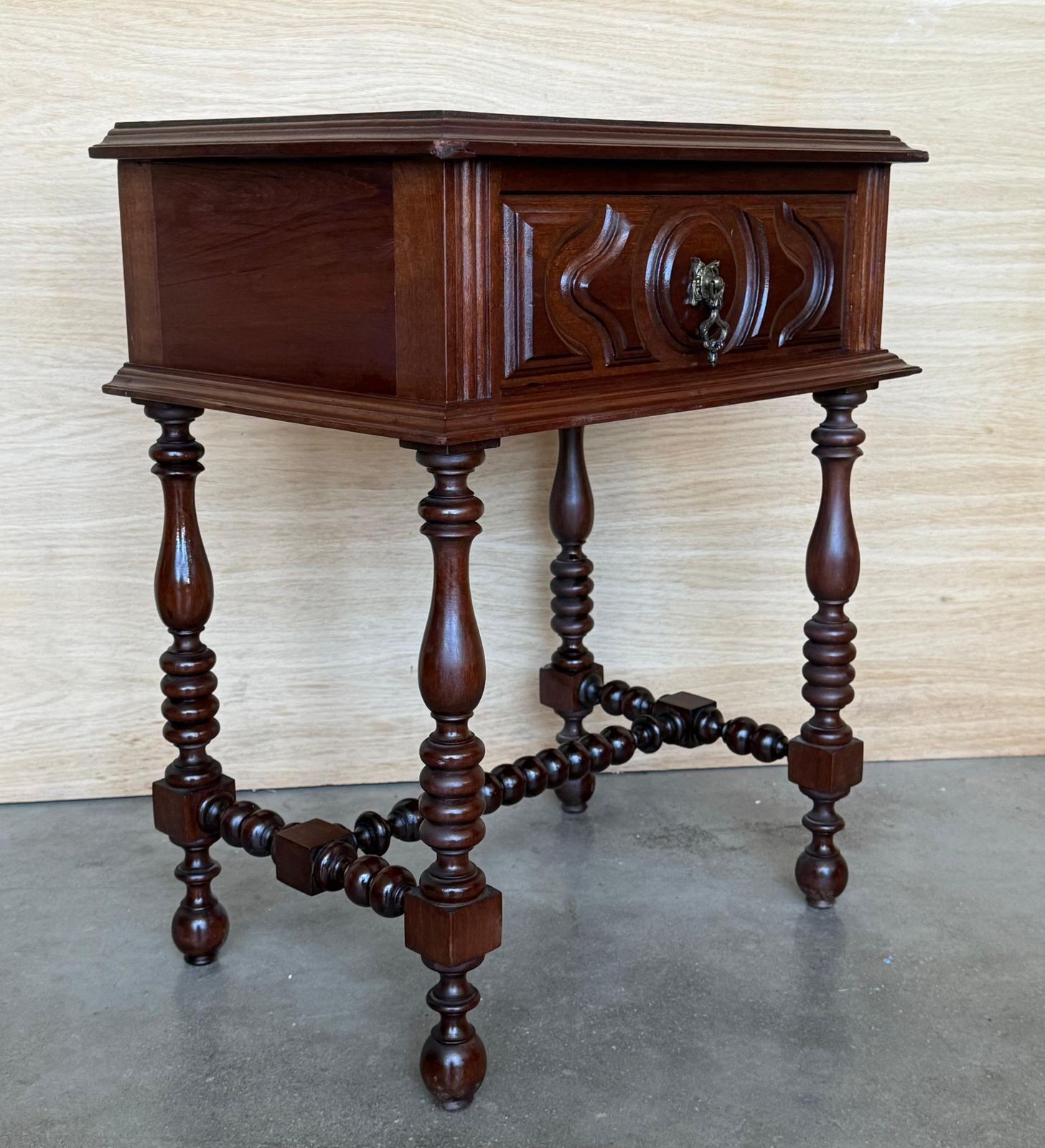 Pair Of Light Walnut Carved Spanish Nightstands With Turned Legs And Drawer photo vinterior