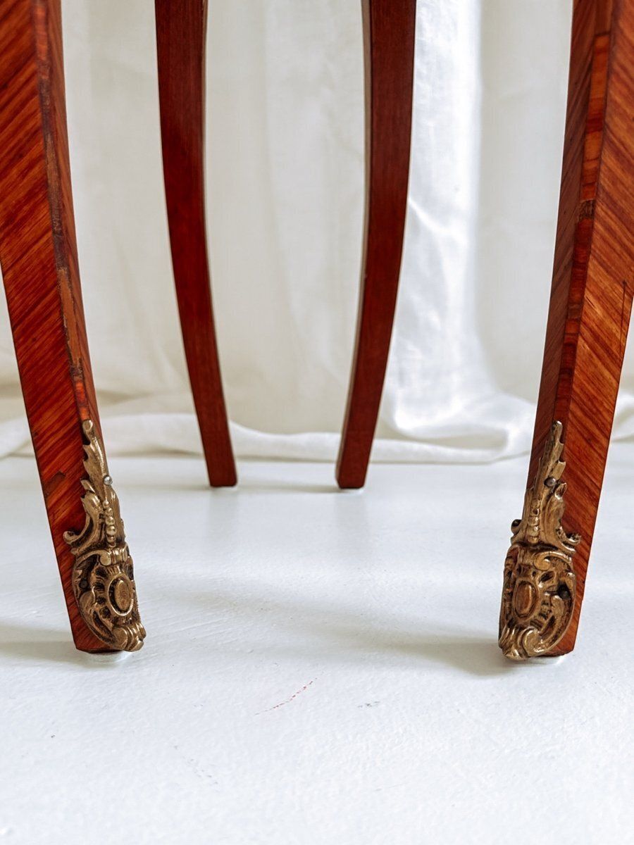 photo for sale Mid Century French Louis XV Style Bedside Tables With Marble Tops And Floral Marquetry, 1940s, Set Of 2