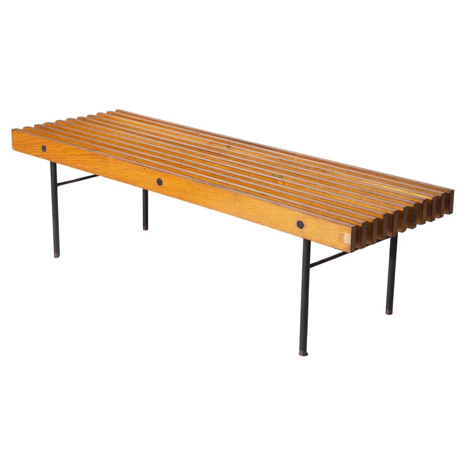 Modernist Italian Bench In Solid Wood And Metal With Brass Tips