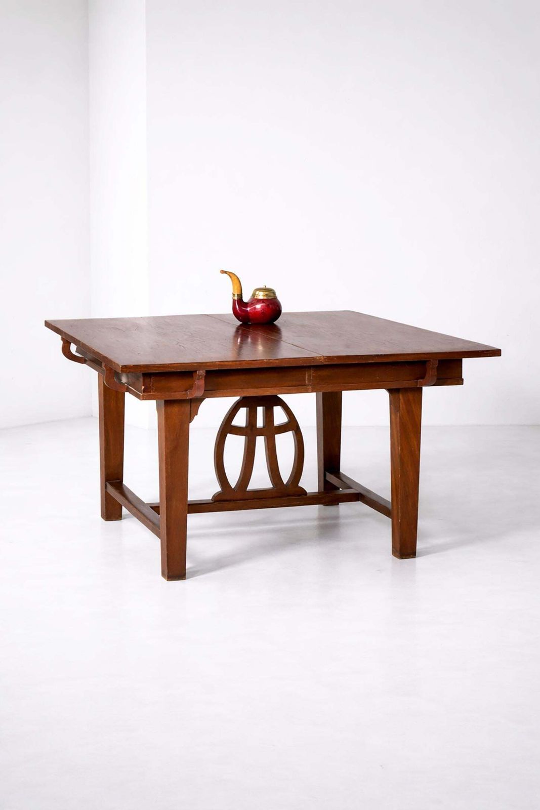 Italian Art Nouveau Walnut Extendable Dining Table With Lyre Motif Base, Liberty photo for sale