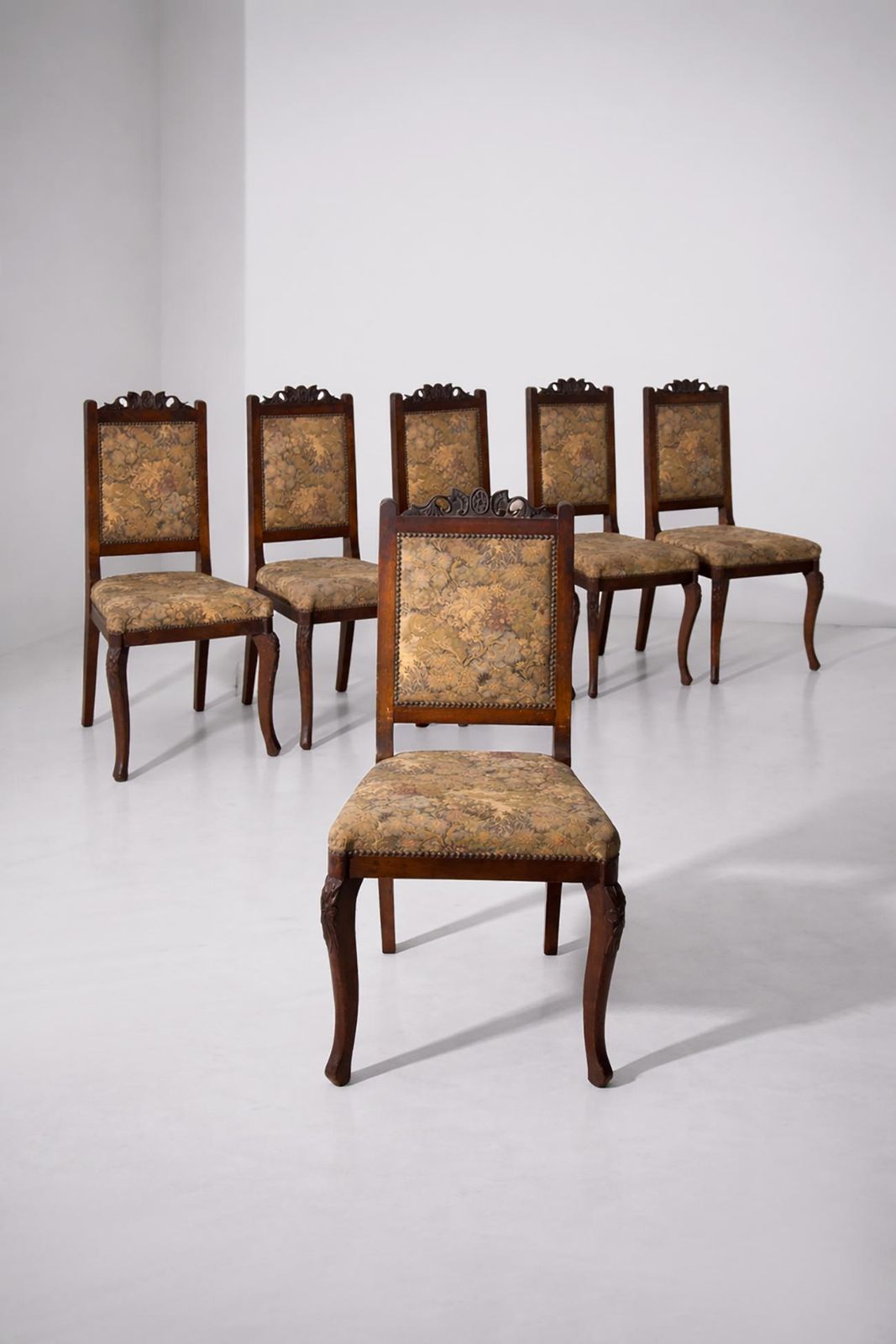 French Dining Chairs, Set Of Six With Original Upholstery And Carved Walnut Leg photo furniture