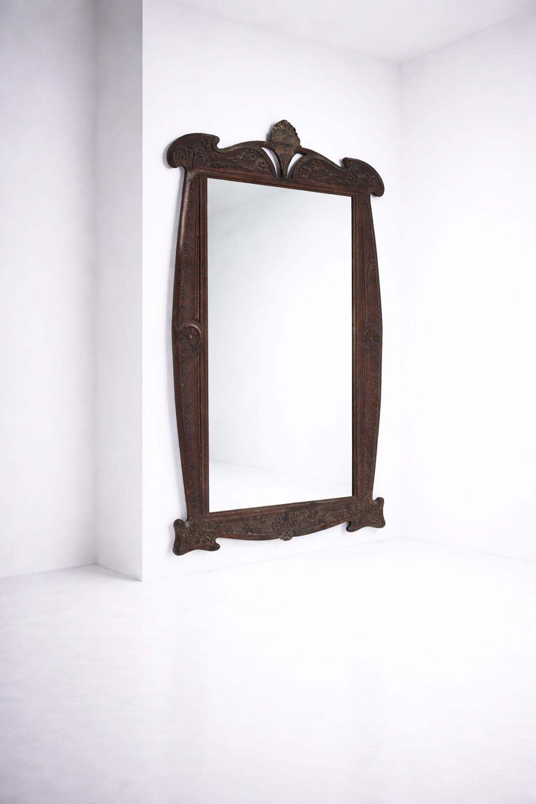 Artlarge Italian Art Nouveau Mirror In Carved Walnut With Floral Motifs photo Home Decor