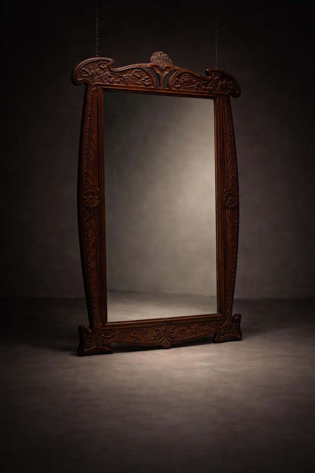 Artlarge Italian Art Nouveau Mirror In Carved Walnut With Floral Motifs photo vintage