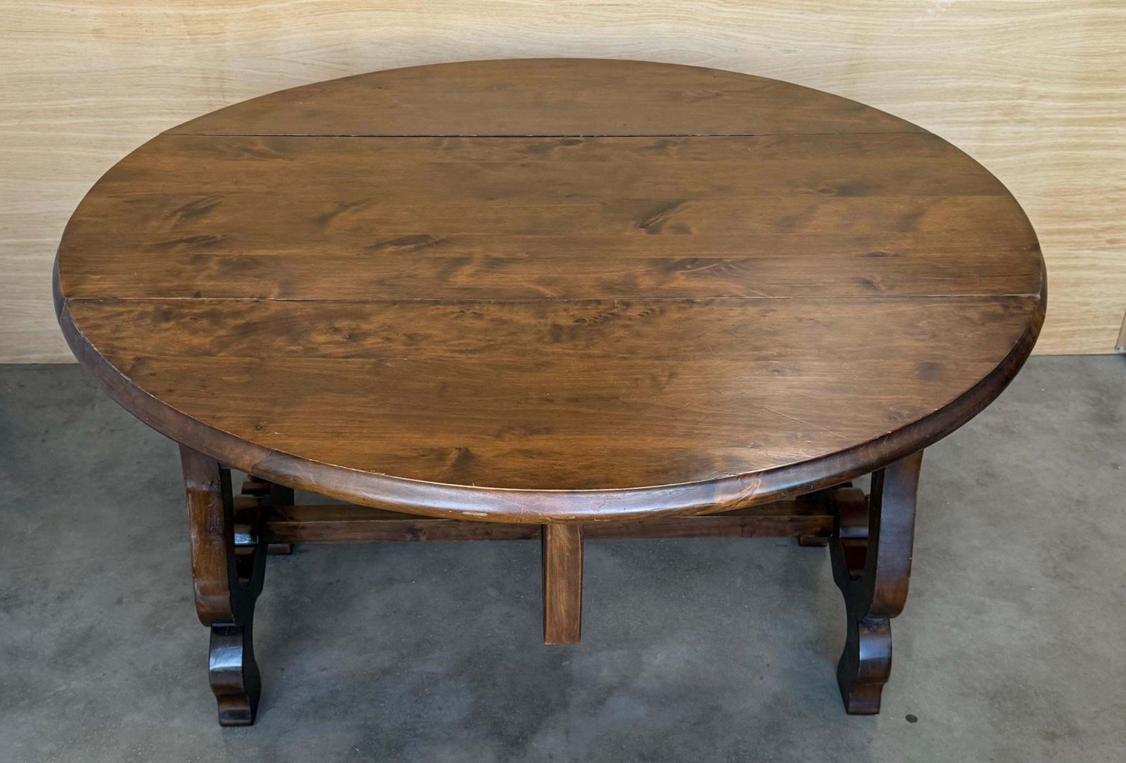 Spanish 20th Century Walnut Drop Leaf Table With Round Top And Lyre Legs photo for sale