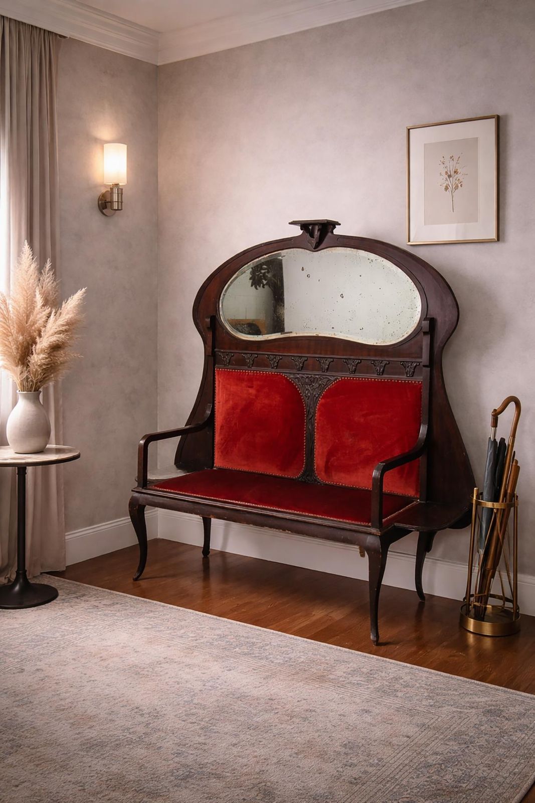 Italian Art Nouveau Wall Bench With Original Mirror, Liberty Bench photo for sale