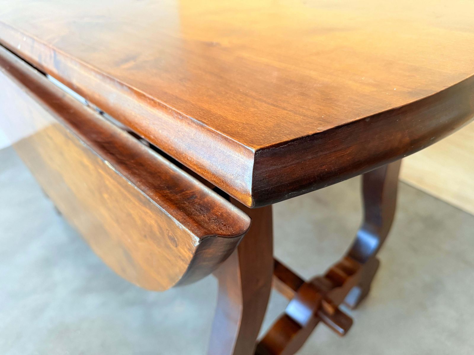 Furniture Spanish 20th Century Walnut Drop Leaf Table With Round Top And Lyre Legs photo