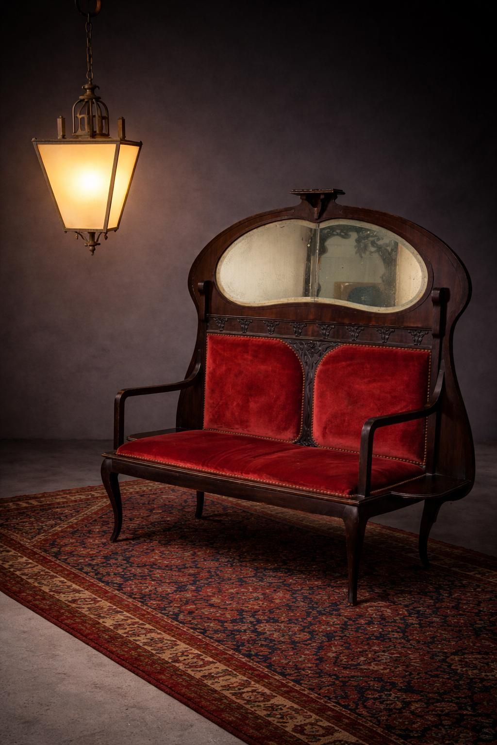photo vintage Italian Art Nouveau Wall Bench With Original Mirror, Liberty Bench