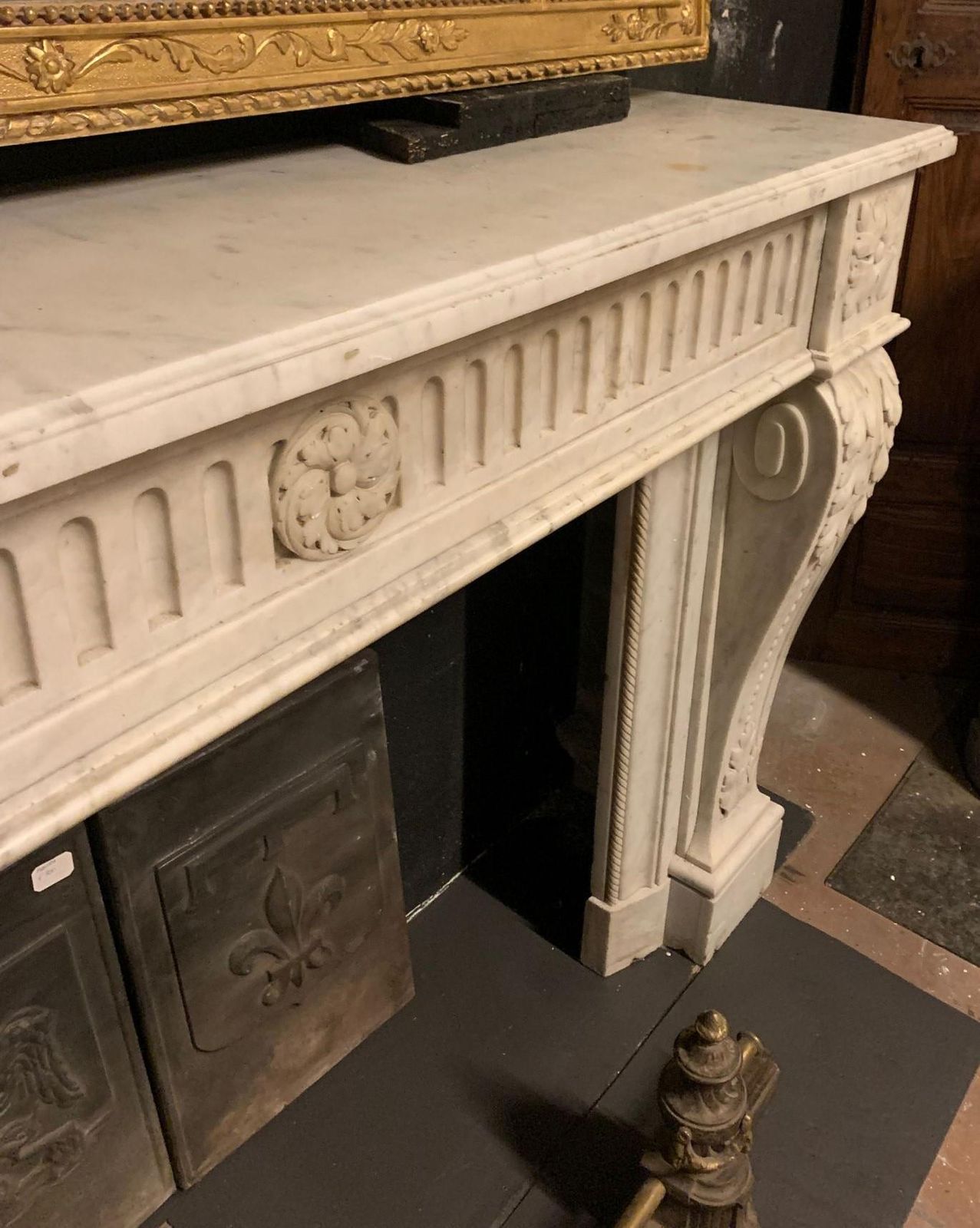 White Carrara Marble Fireplace Mantle, Carved With Flowers And Decorations, France photo for sale