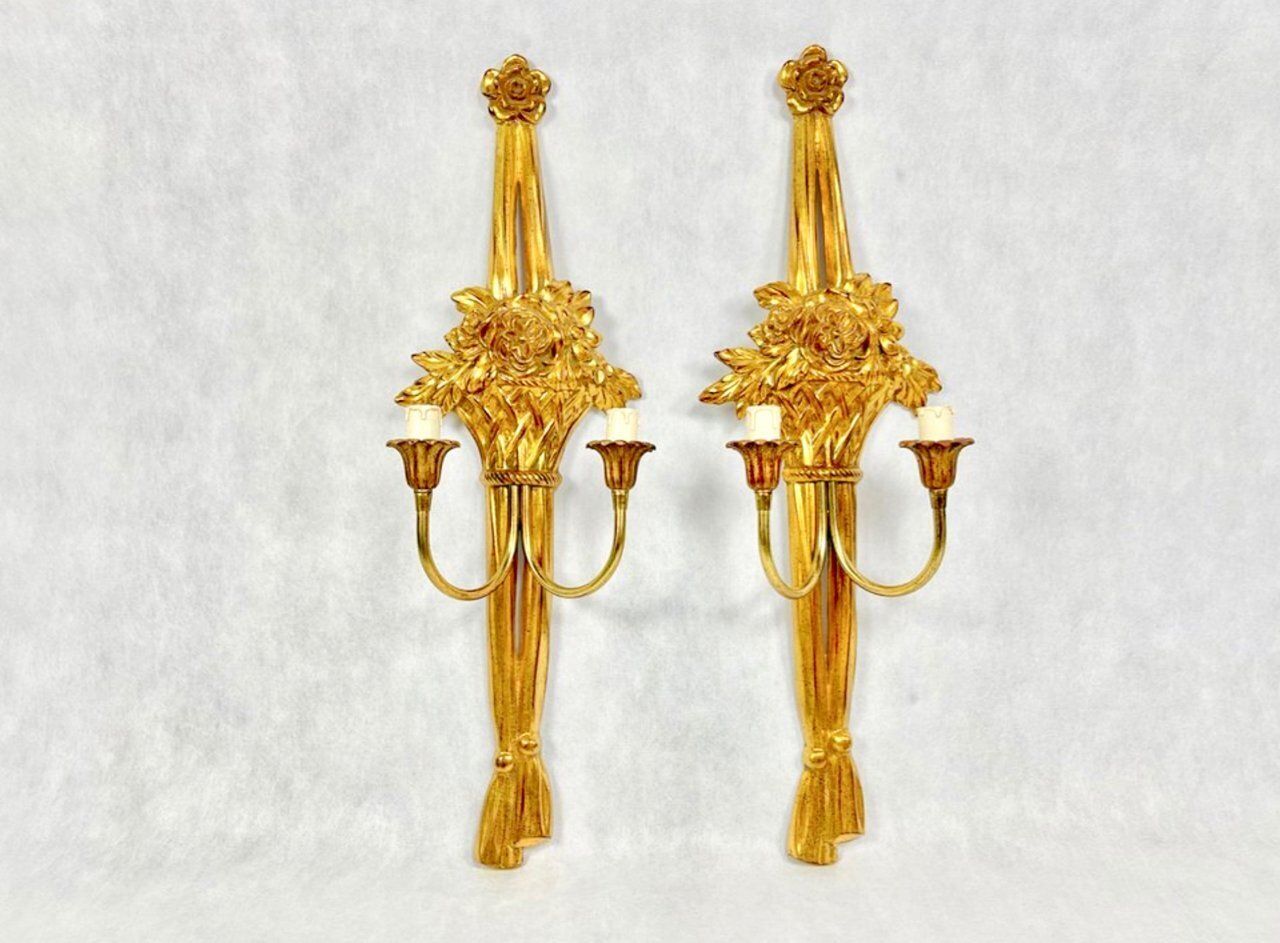 Vintage Belgian Louis XVI Style Gold Wall Lamps, 1990s, Set Of 2